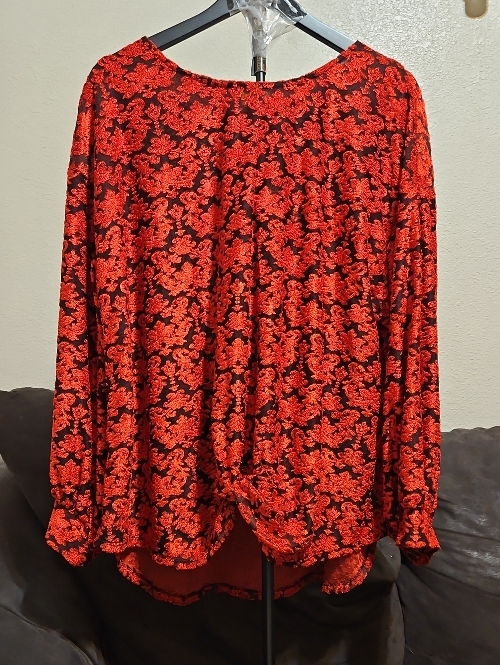 Ruby Rd. Black Blouse with Red Floral Lace-Effect Print